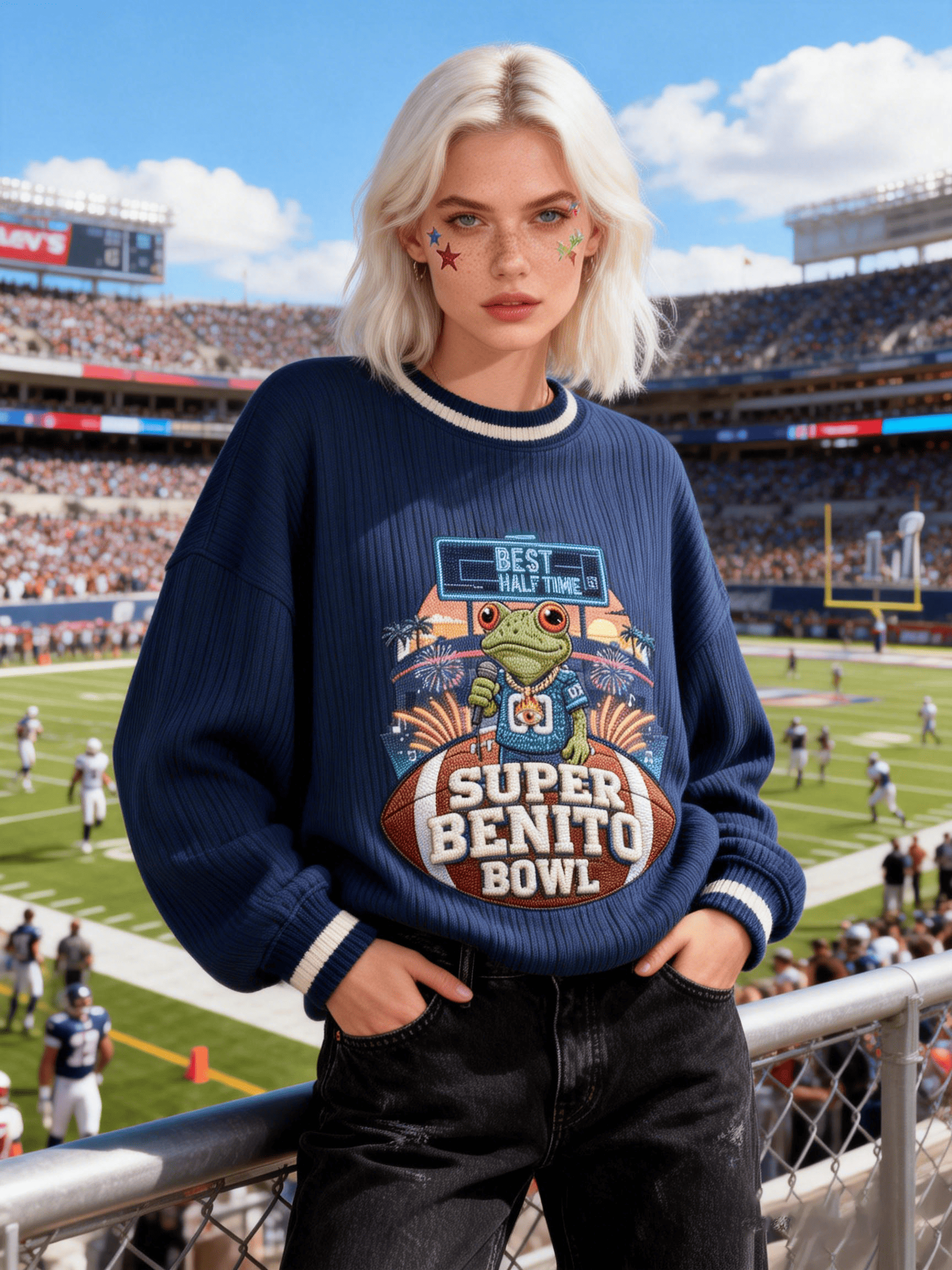 Women's Navy Super Benito Bowl Frog Crewneck Sweatshirt