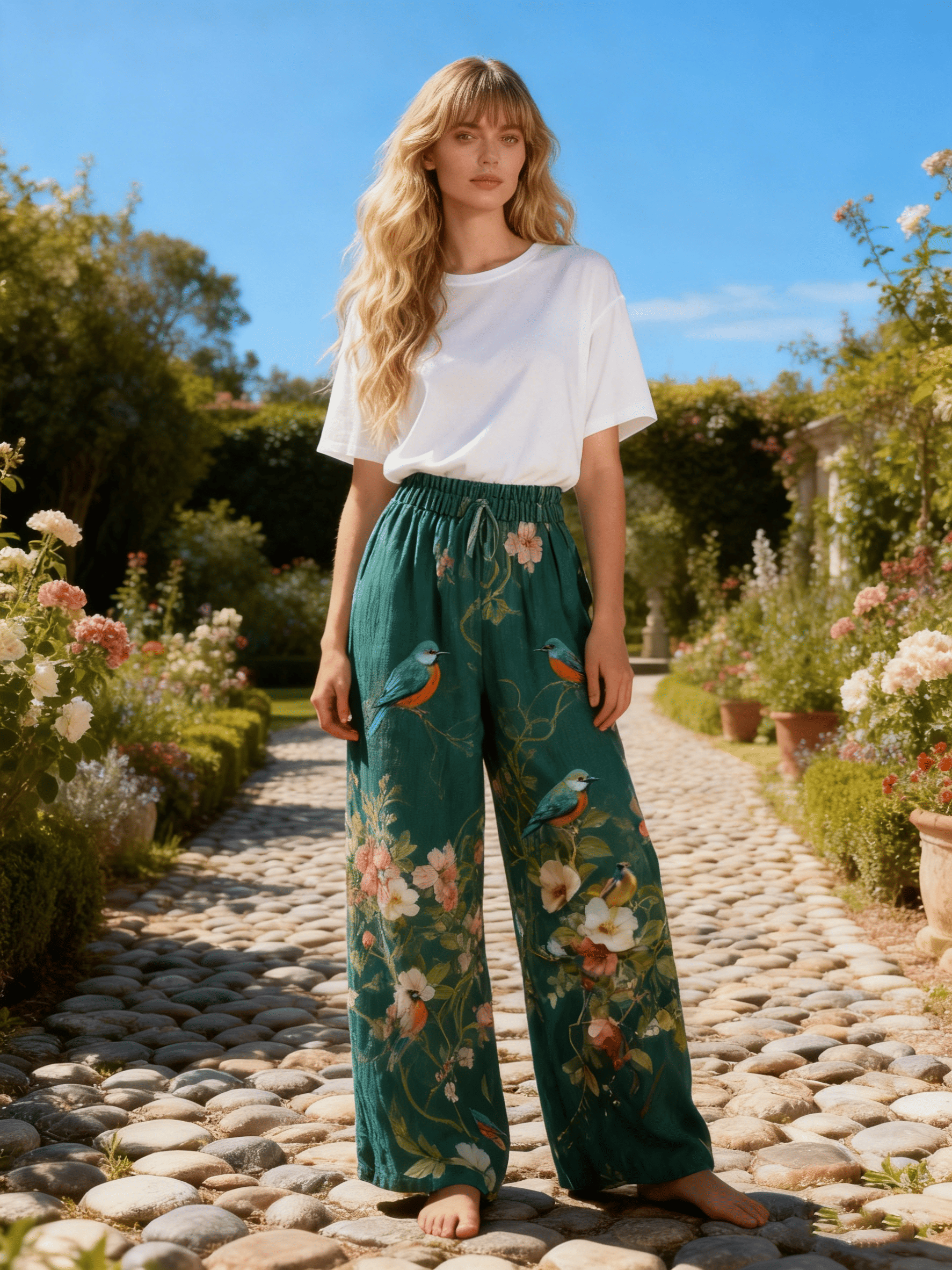 Women's Teal Bird-Floral Print Wide-Leg Pants