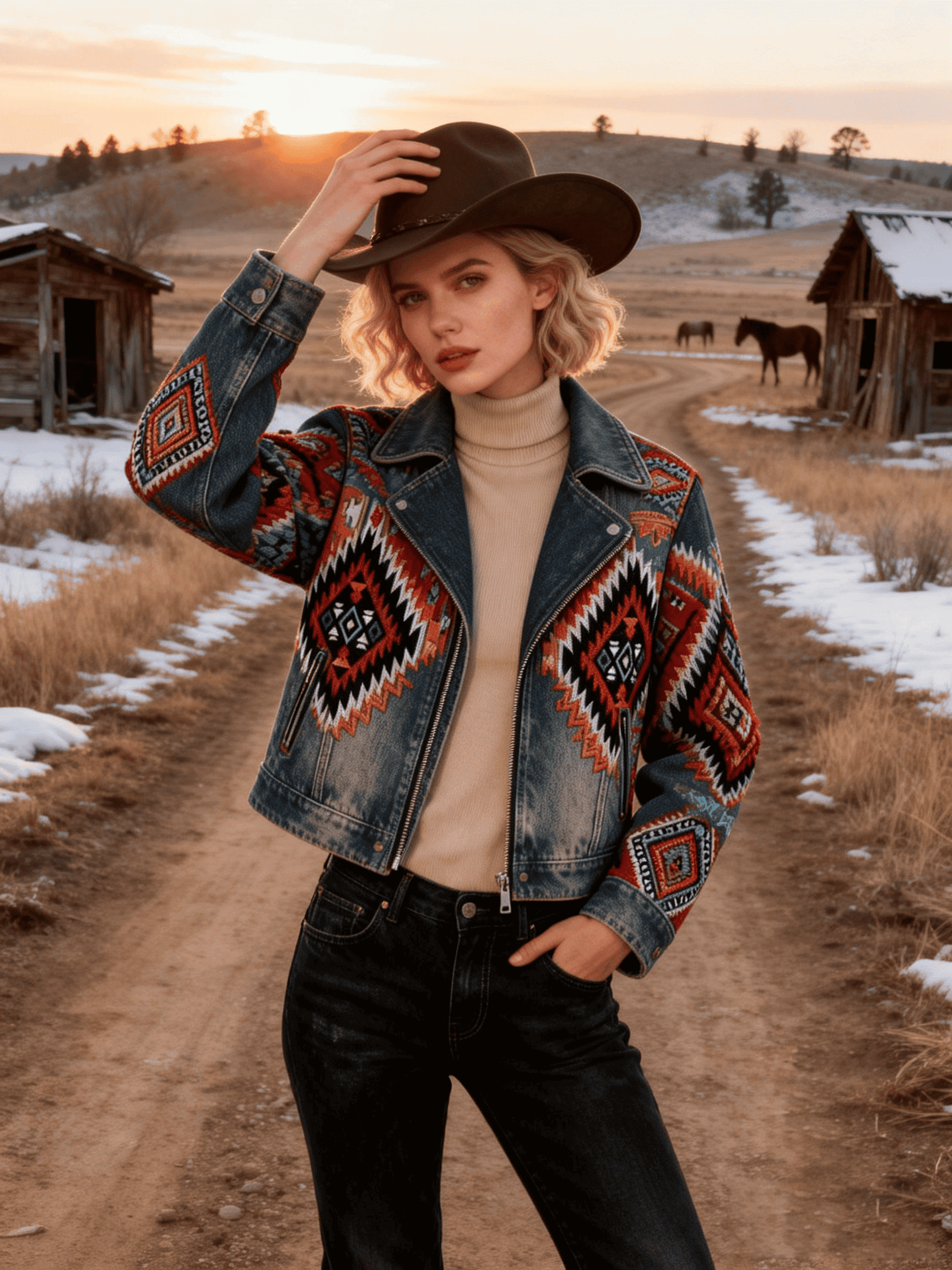 Women's Red-Black Geometric Color-Block Moto Denim Crop Jacket