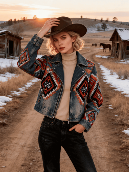 Women's Red-Black Geometric Color-Block Moto Denim Crop Jacket