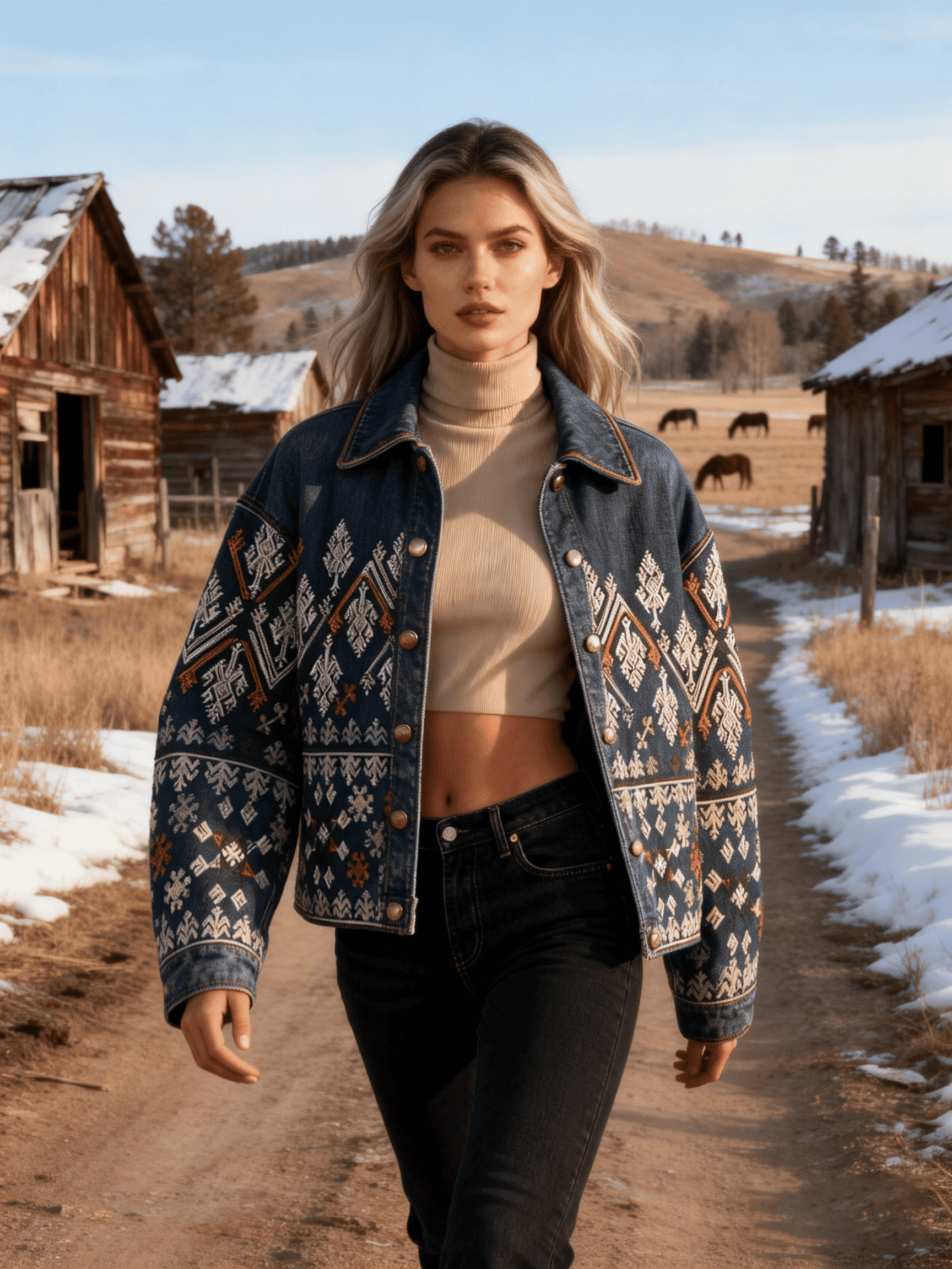 Women's Navy Totem Jacquard Oversized Denim Jacket