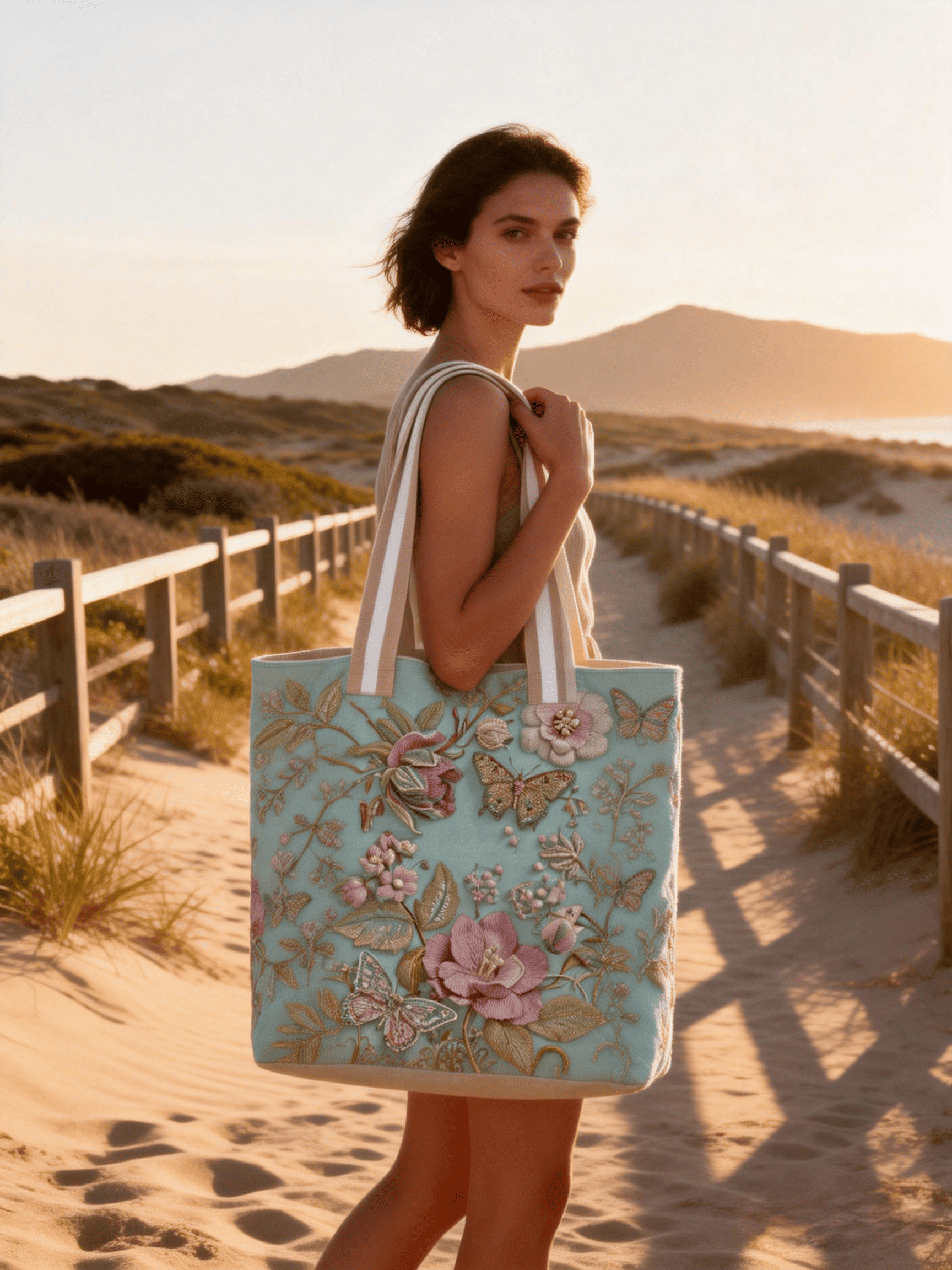 Light Blue Butterfly & Floral Embroidery Tote Bag