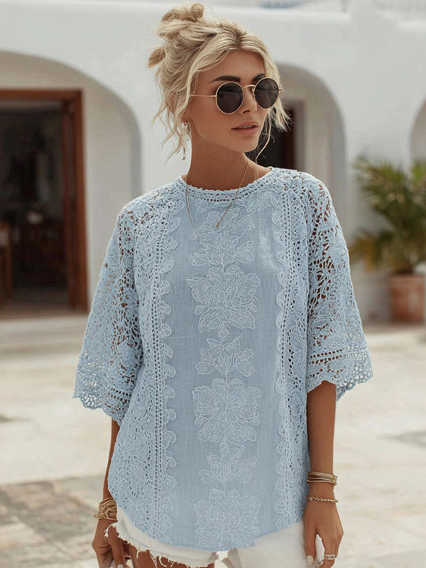 Women's Lace Embroidered Floral Linen Crew Neck T-shirt