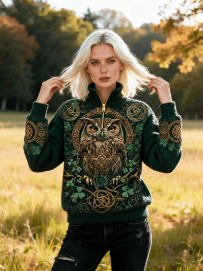 Women's St. Patrick's Day Vintage Owl & Celtic Knot Clover Half-Zip Knit Top