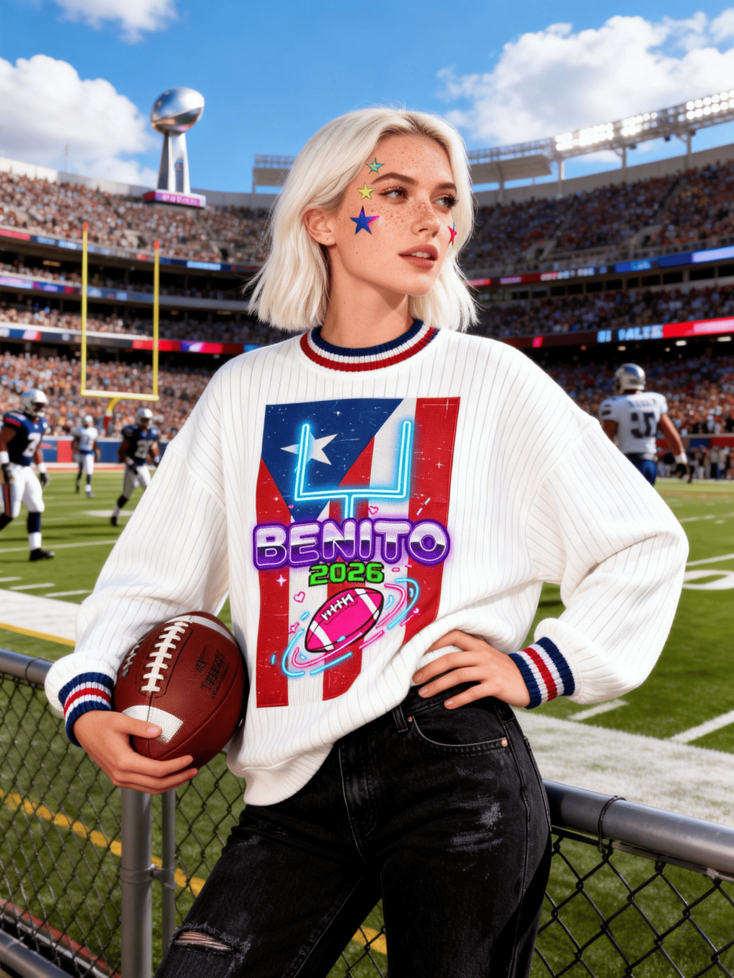 Women's White Puerto Rico Benito 2026 Football Crewneck Sweatshirt