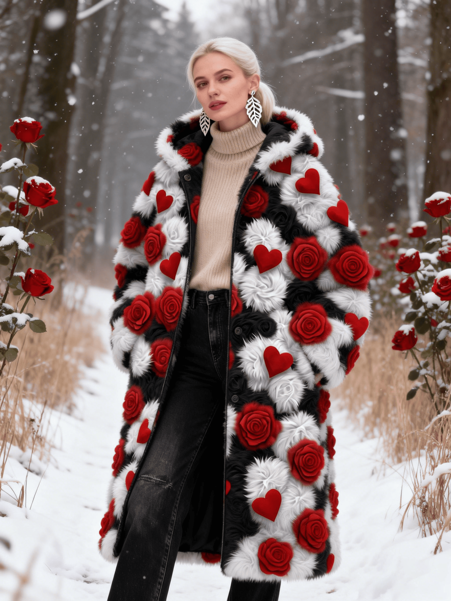 Women's  Red & White Rose Heart Color-Block Fur Coat
