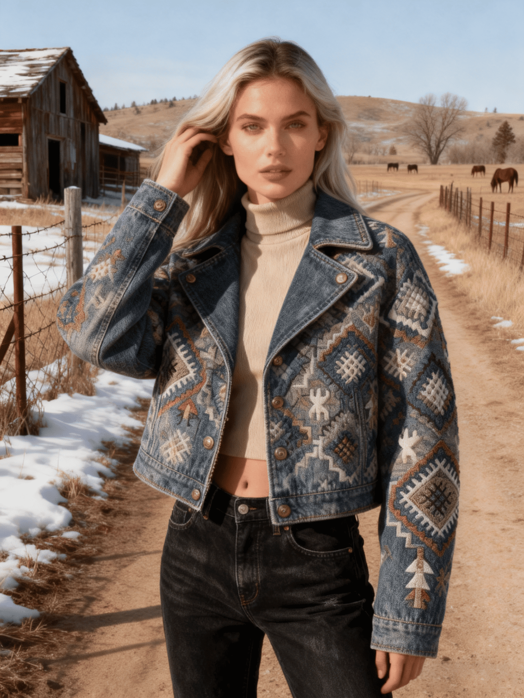 Women's Light Brown Ethnic Jacquard Distressed Denim Crop Jacket