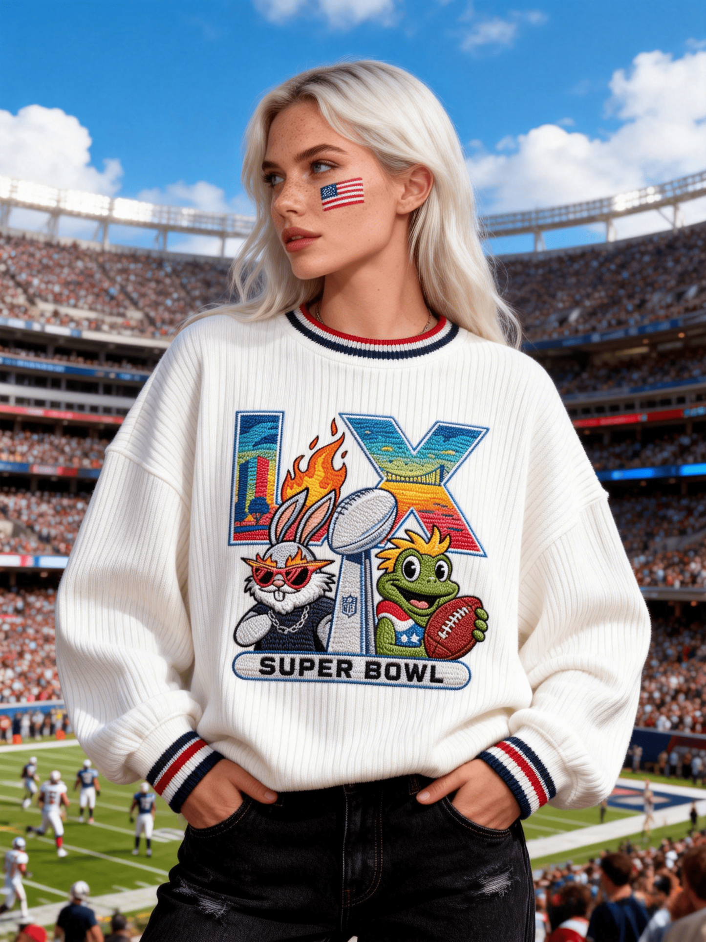 Women's White Super Bowl LX Bunny Frog Crewneck Sweatshirt
