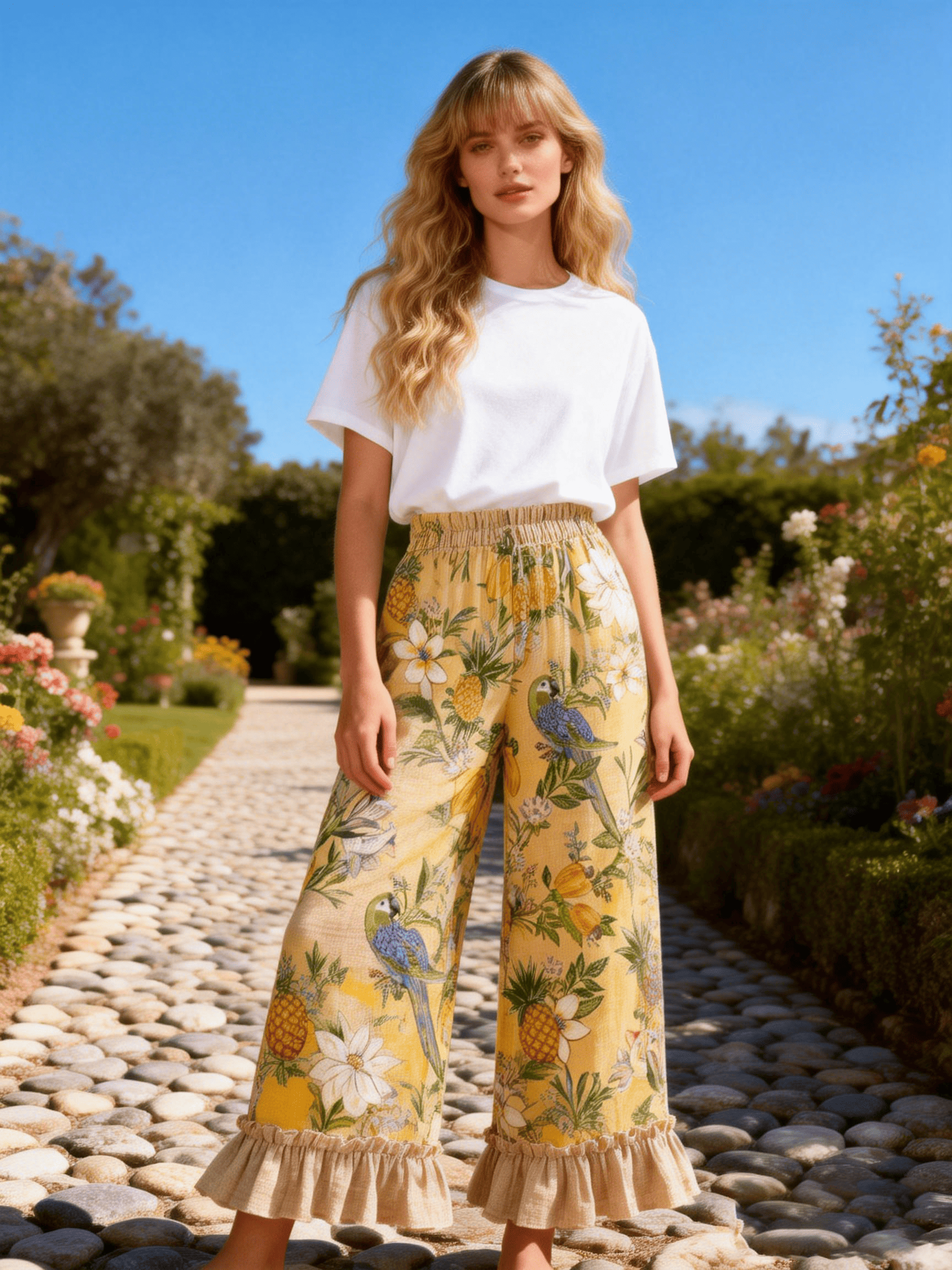 Women's Parrot & Pineapple Print Wide-Leg Pants