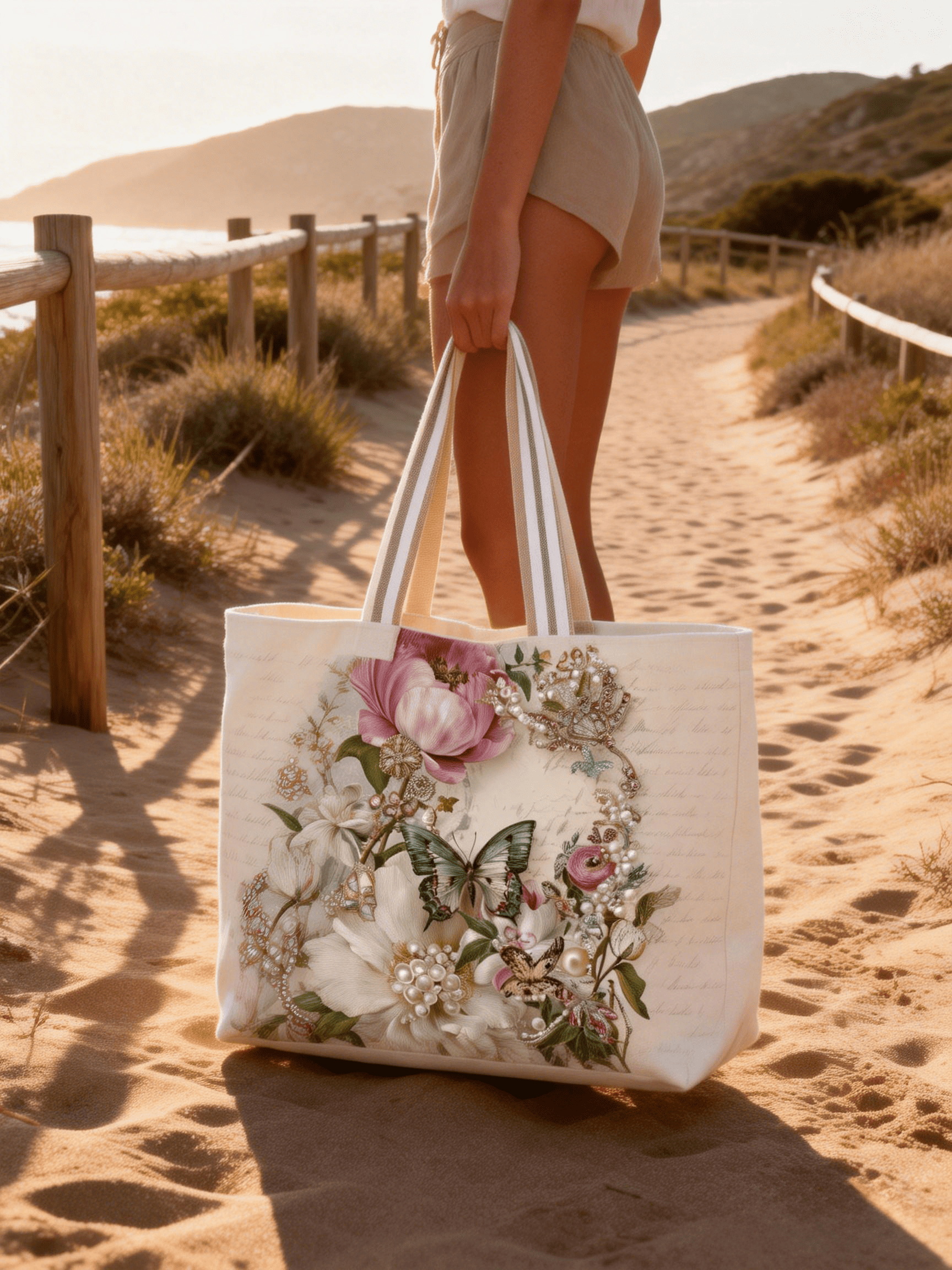 Beige Beaded Butterfly & Floral Tote Bag