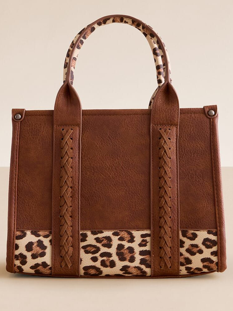 Brown Leather Leopard Print Bottom Woven Tote Bag