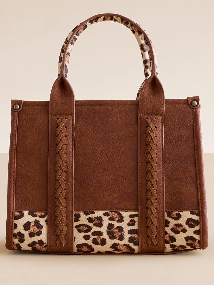 Brown Leather Leopard Print Bottom Woven Tote Bag