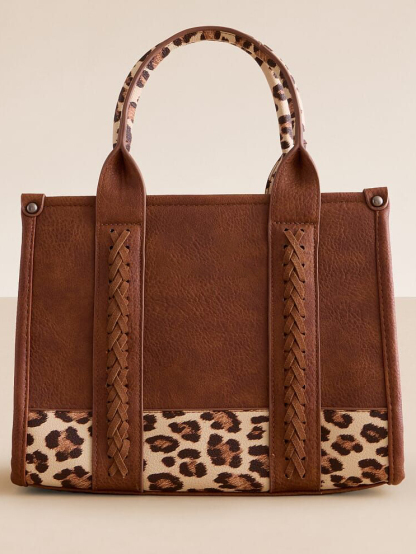 Brown Leather Leopard Print Bottom Woven Tote Bag