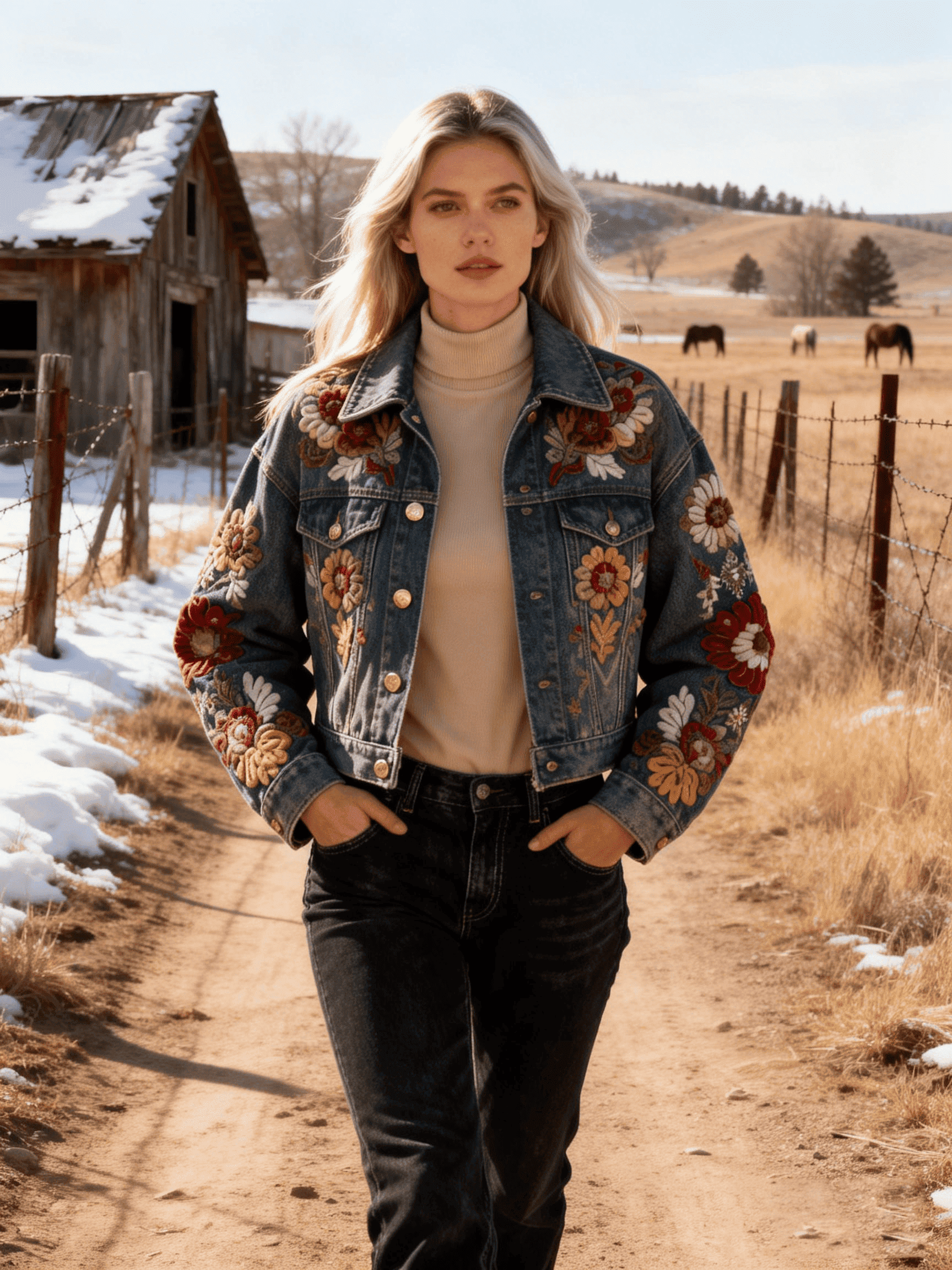 Women's Retro Floral Embroidery Oversized Denim Crop Jacket