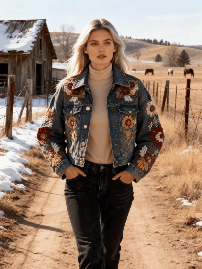 Women's Retro Floral Embroidery Oversized Denim Crop Jacket