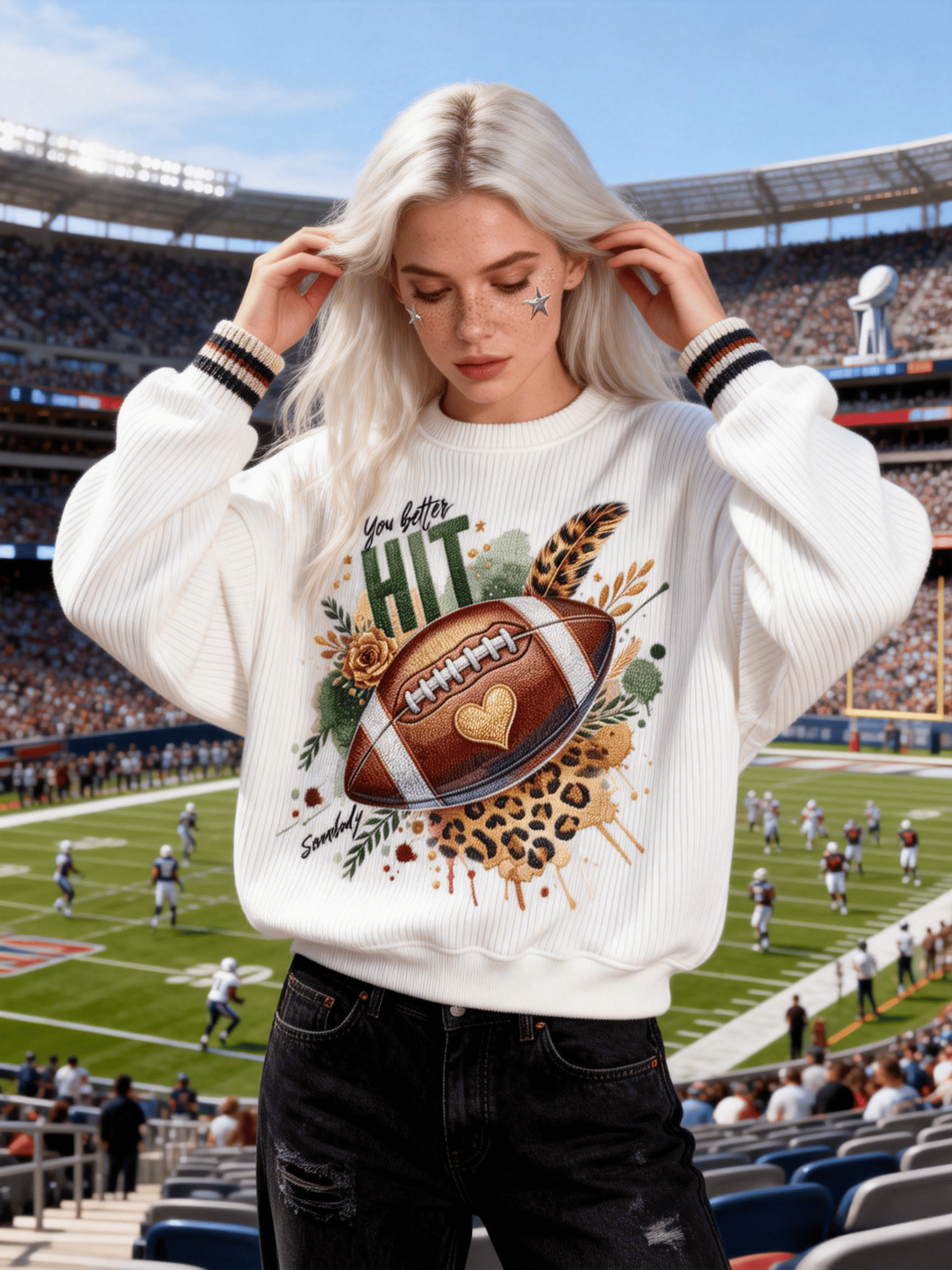 Women's White Leopard Football "You Better Hit" Crewneck Sweatshirt