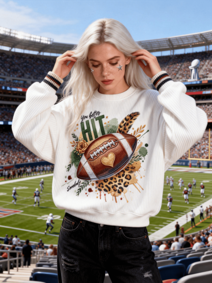 Women's White Leopard Football "You Better Hit" Crewneck Sweatshirt