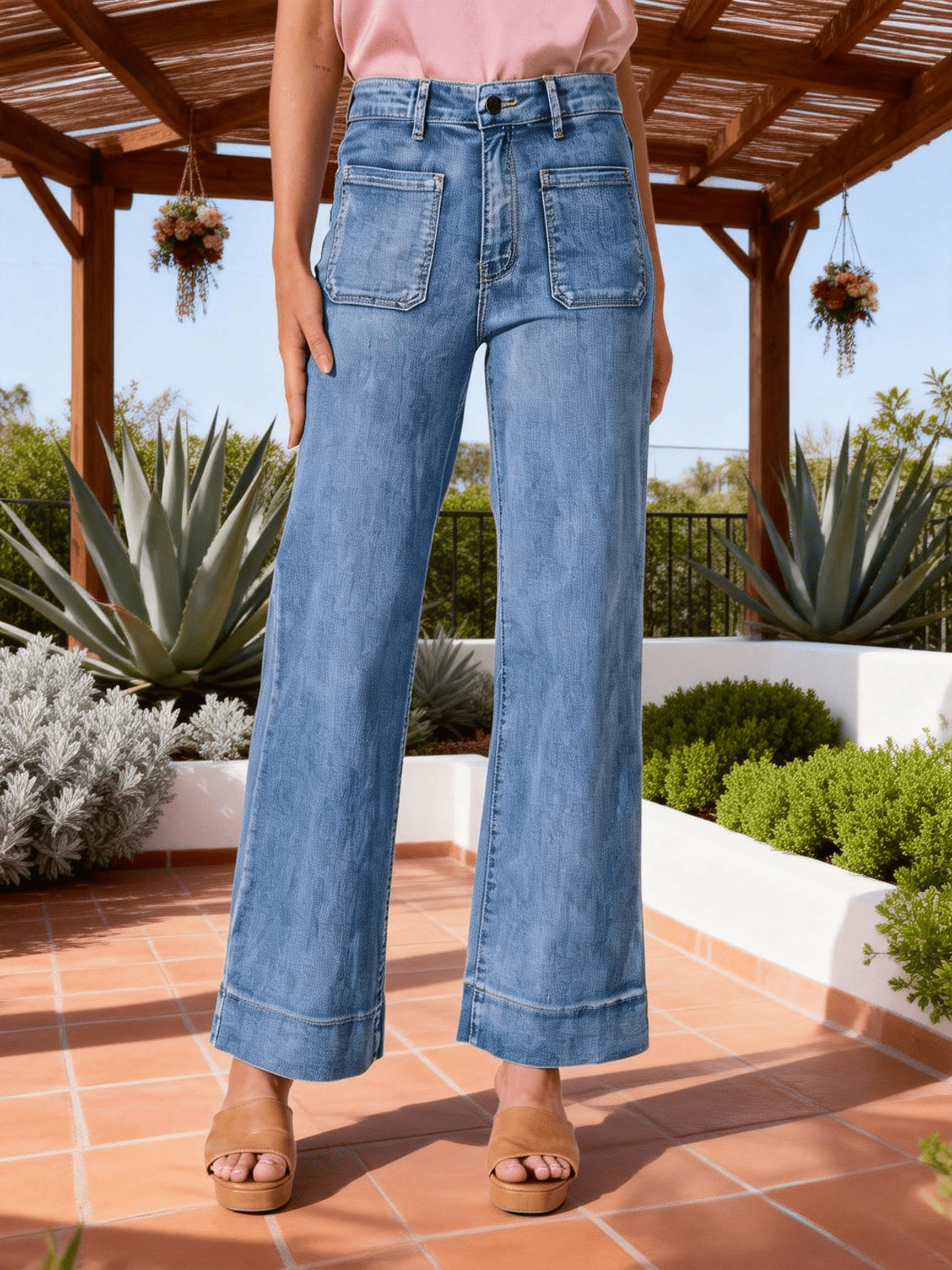 Women's Dark Blue High Waist Utility Pocket Wide Leg Jeans