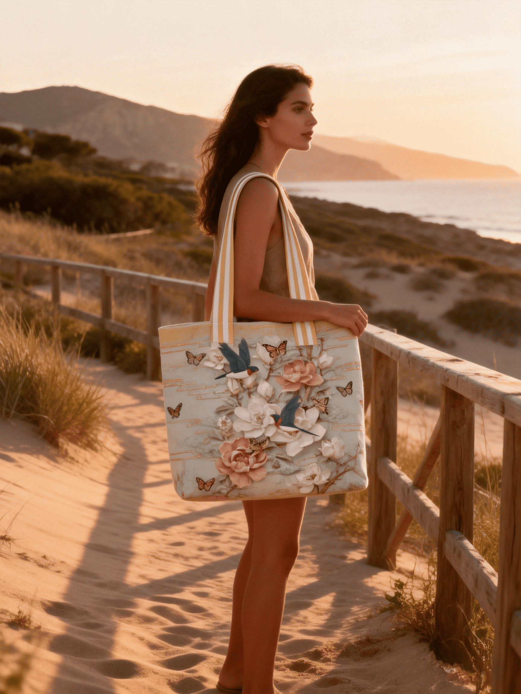 Light Yellow Bird Floral & Butterfly Embroidery Tote Bag