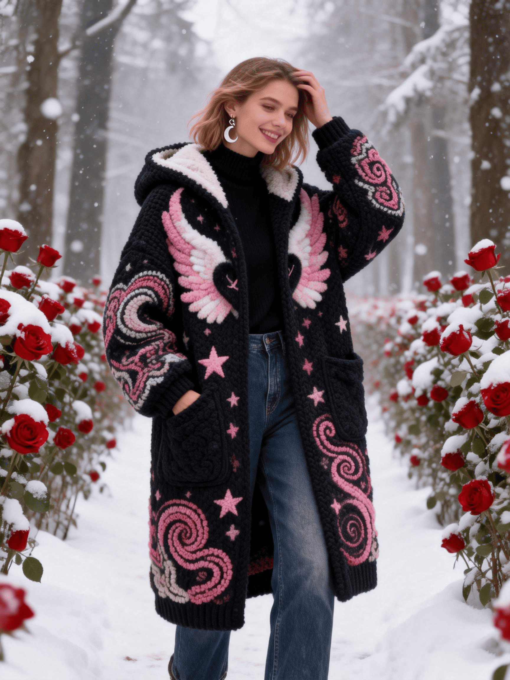 Women's Black Base Pink Star & Wing Pattern Knit Coat
