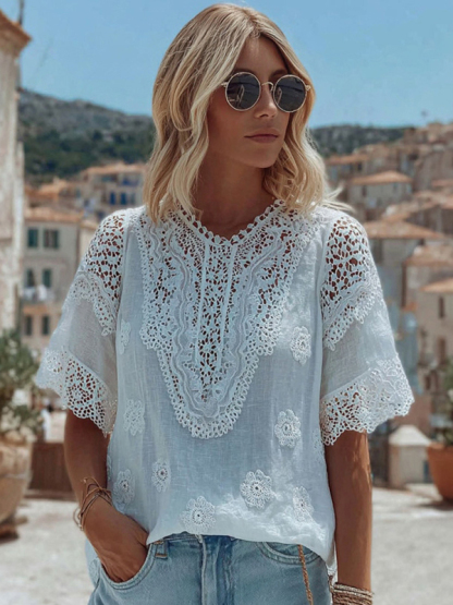 Women's Lace Embroidered Floral Linen Crew Neck T-shirt