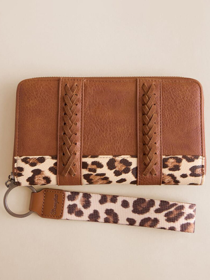 Leopard Print Patchwork Woven Zip Around Wallet (with Wristlet)