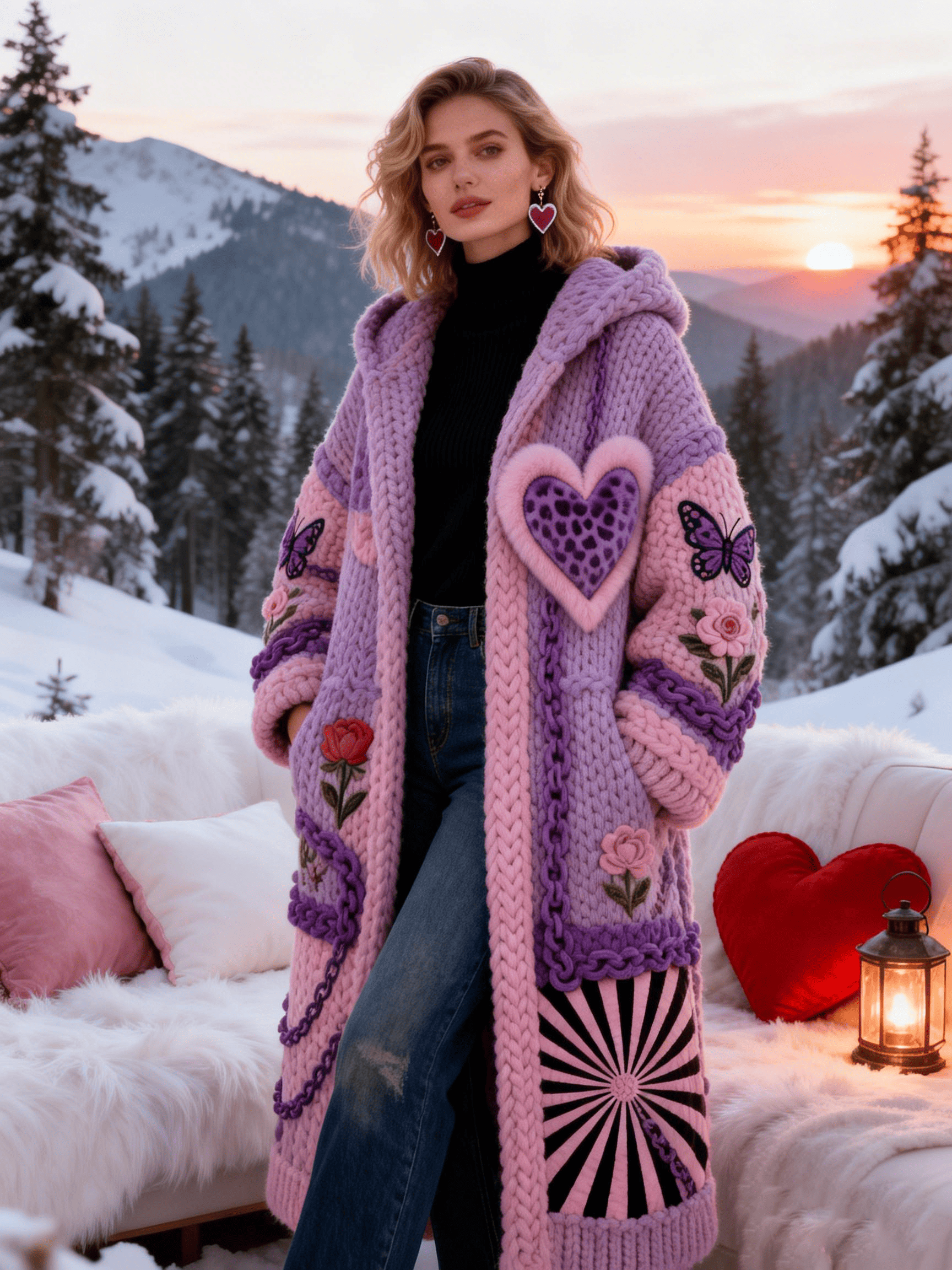 Women's Purple & Pink Leopard Heart Butterfly Embroidery Knit Coat