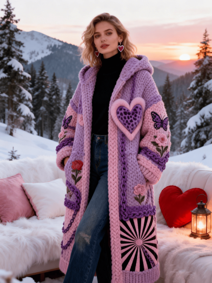 Women's Purple & Pink Leopard Heart Butterfly Embroidery Knit Coat