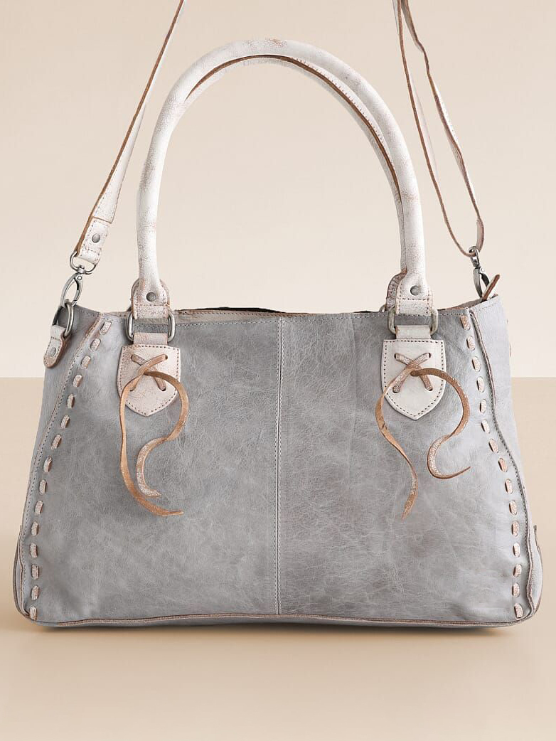 Distressed Grey Leather Drawstring Accent Tote Bag