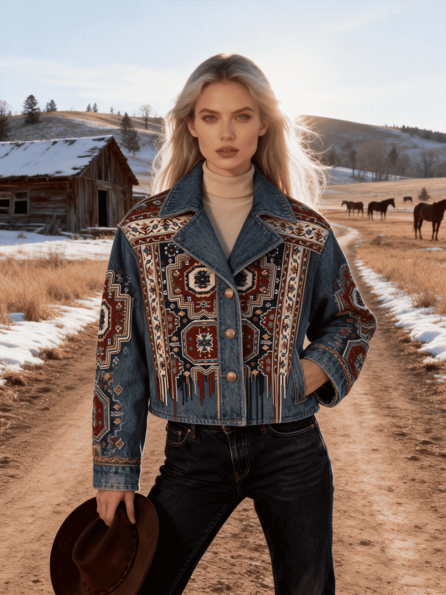 Women's Fringe Decor Persian Rug Pattern Denim Crop Jacket