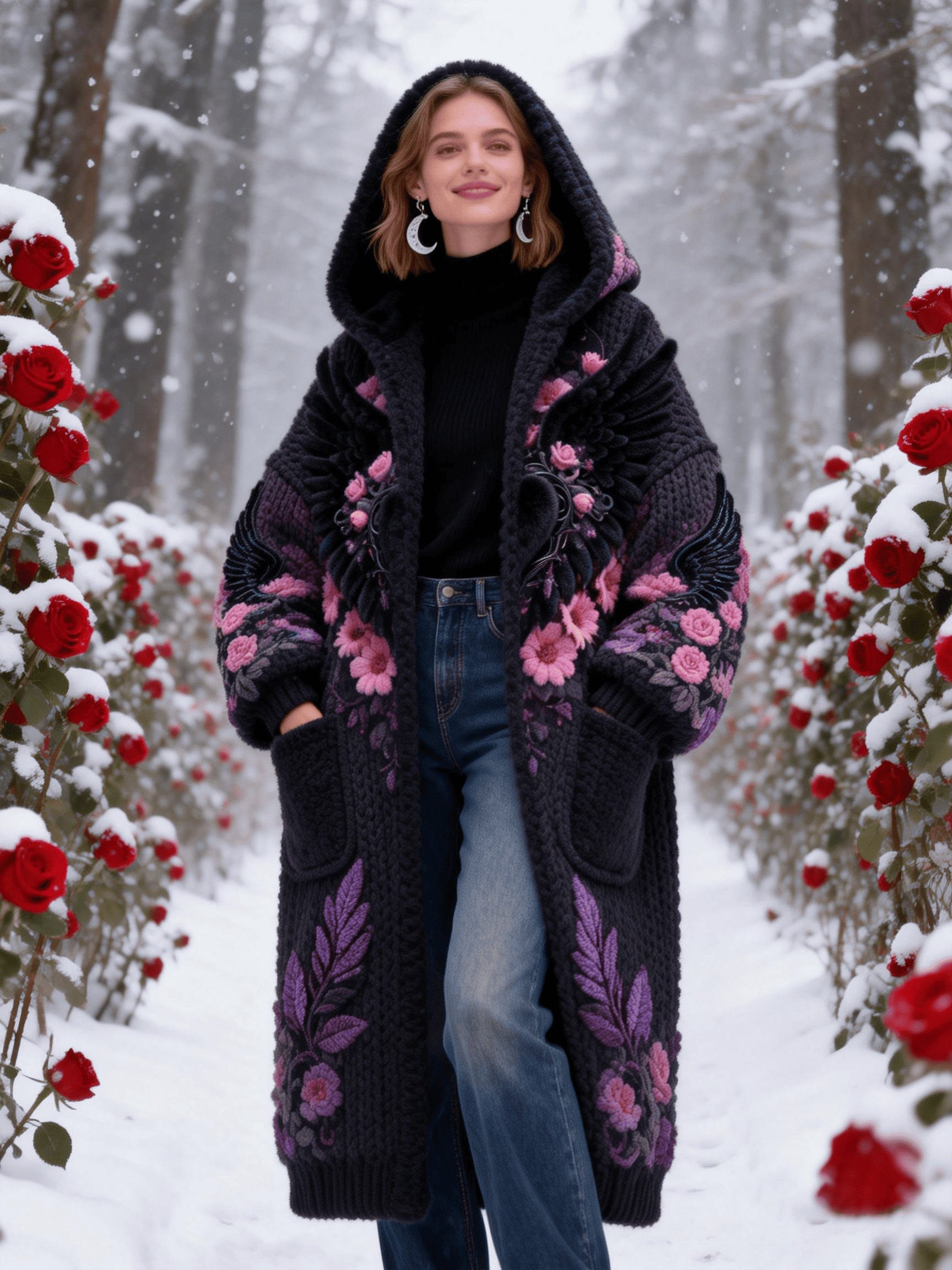 Women's Black Base Pink & Purple Flower Embroidery Knit Coat