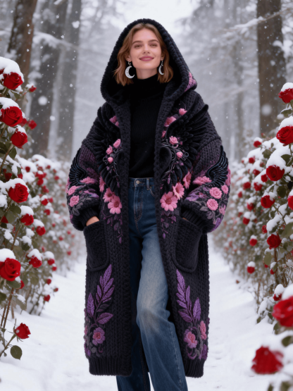Women's Black Base Pink & Purple Flower Embroidery Knit Coat