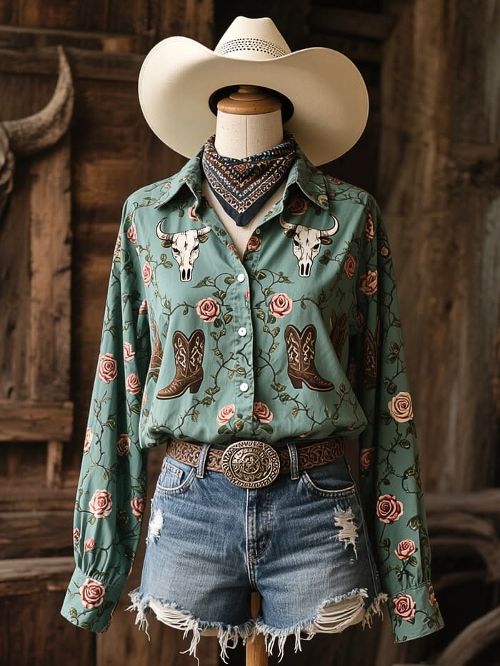 Women's Green Rose & Boot & Cow Skull Print Western Shirt