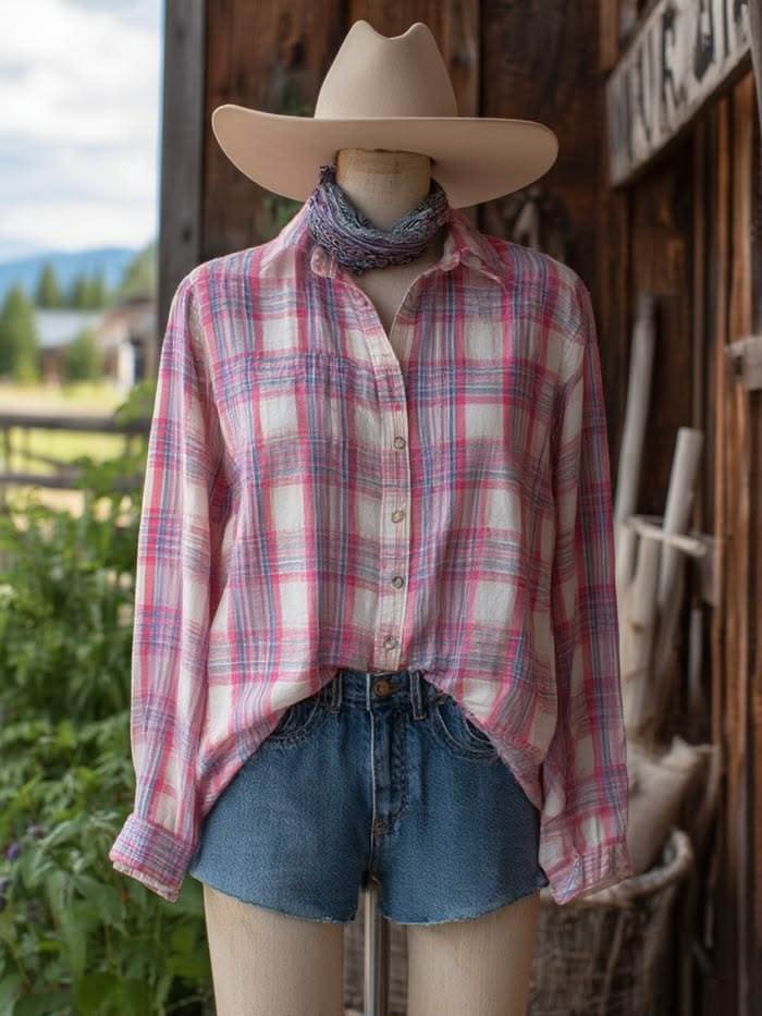 Women's Pink & Blue Plaid Relaxed Western Shirt