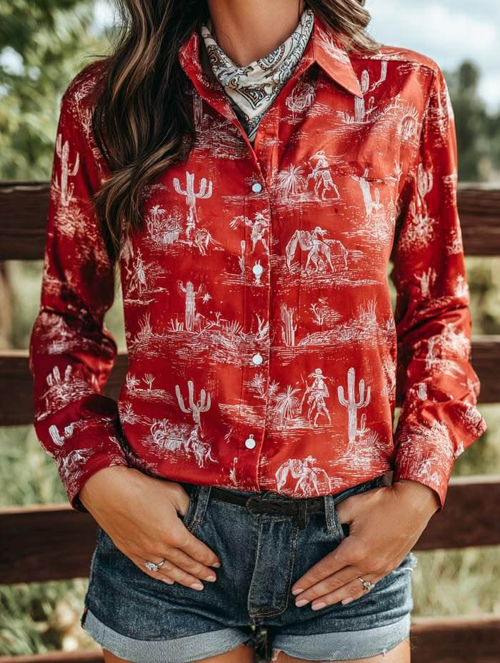 Women's Red Desert Cactus Print Shirt