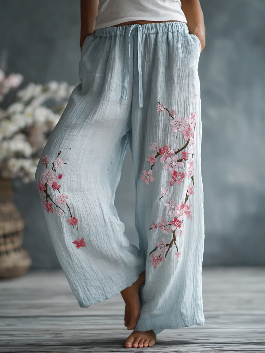 Women's Light Blue Linen Cherry Blossom Embroidered Wide-Leg Pants