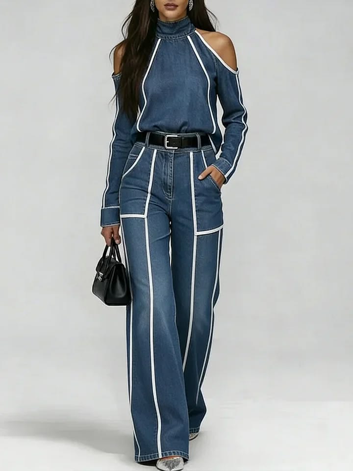 Stylish Off-shoulder White Trim Denim Top And Jeans Two-piece Set