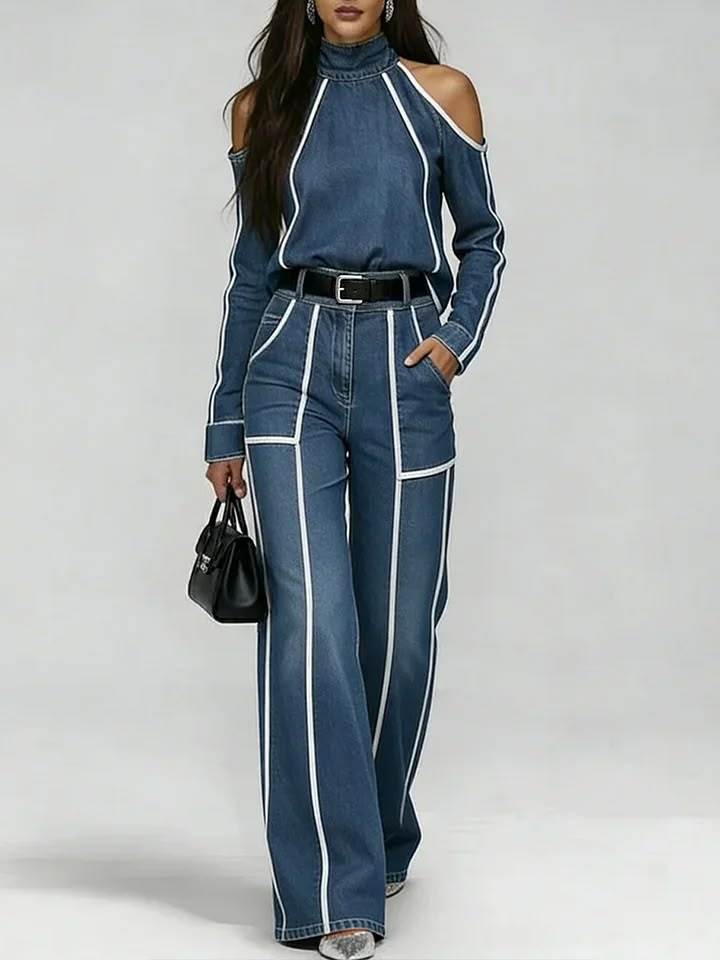 Stylish Off-shoulder White Trim Denim Top And Jeans Two-piece Set