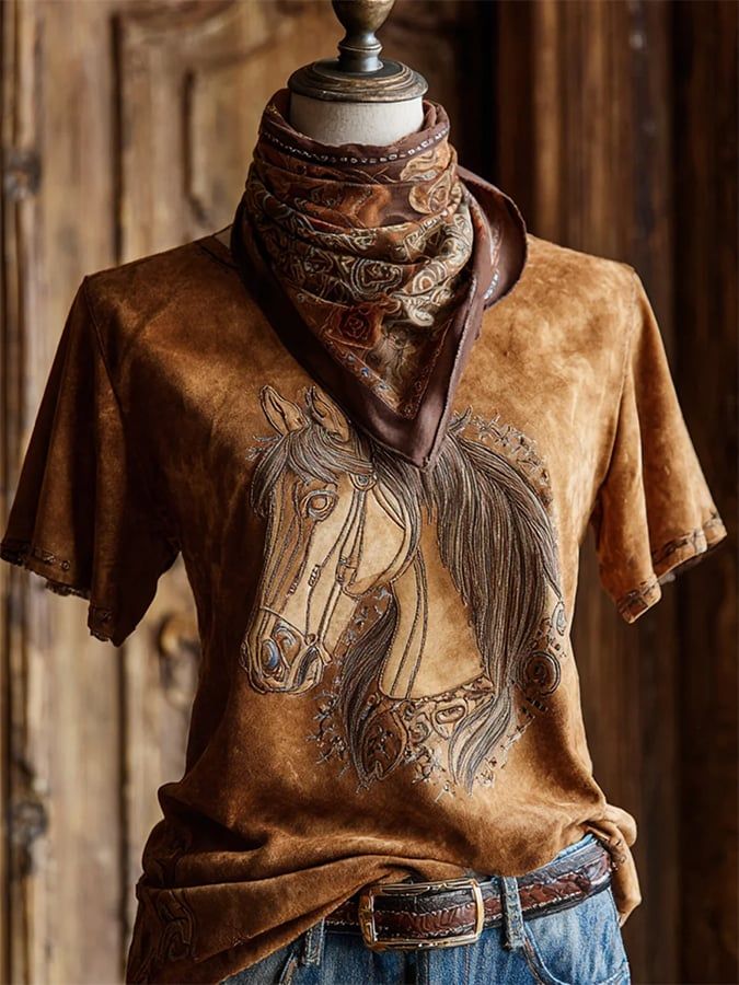 Women's Vintage Suede-Like Horse Embroidered Tee