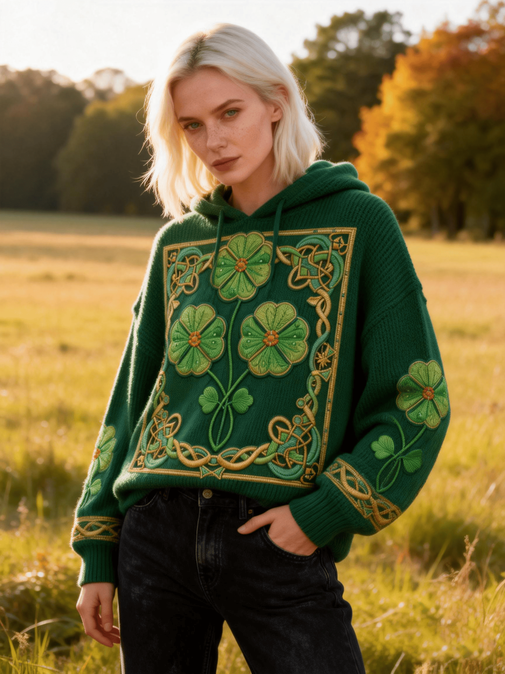 Women's St. Patrick's Day Celtic Knot & Clover Embroidered Oversized Hooded Knit Sweatshirt