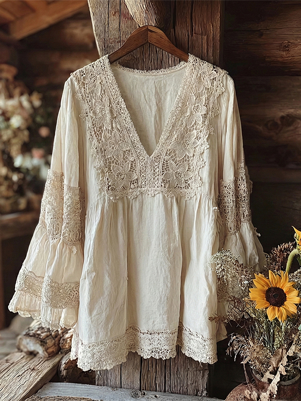 Women's Vintage Floral Lace Embroidered Art V Neck Blouses