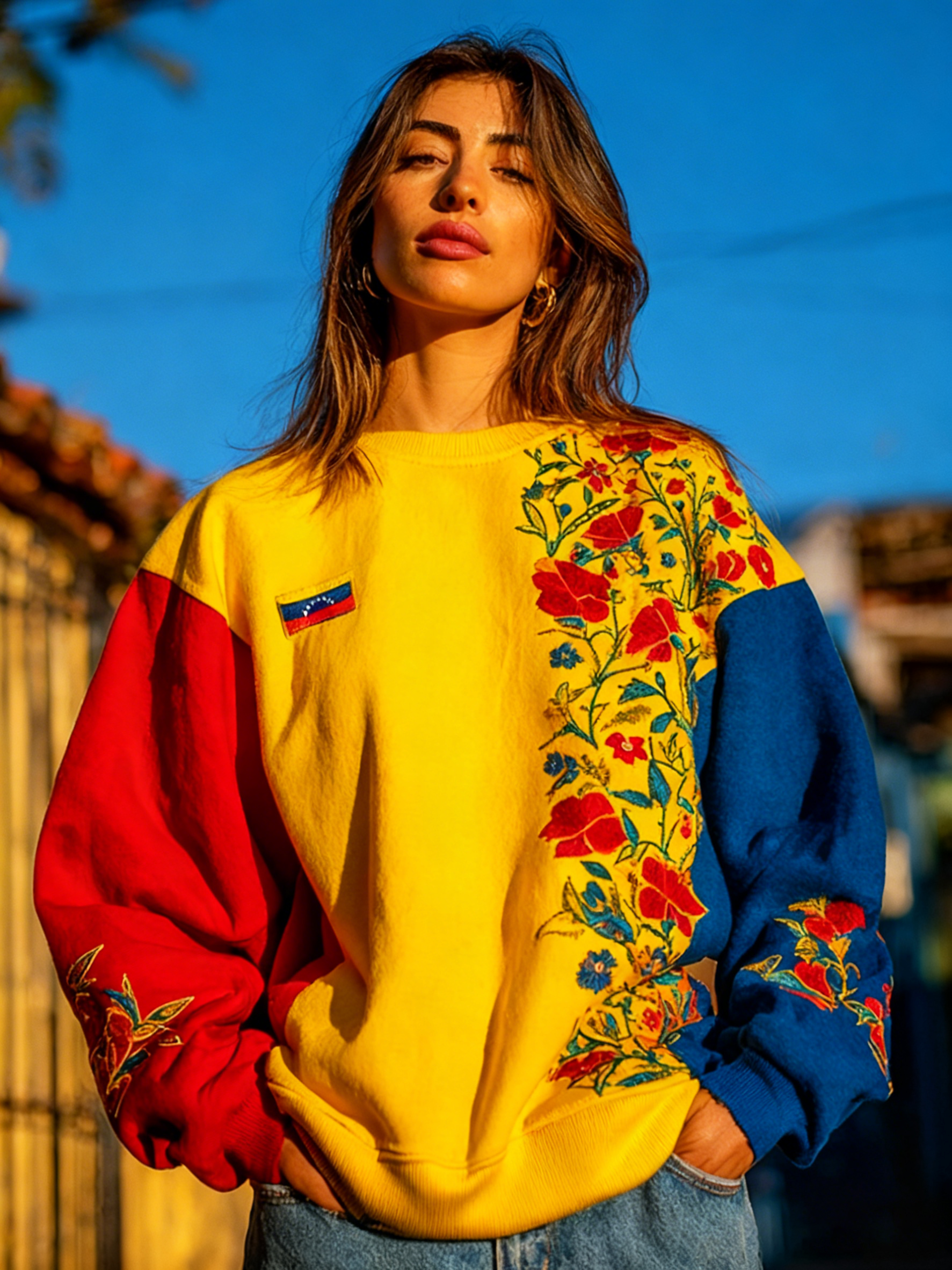 Women's Venezuelan Traditional Floral Pattern Casual Crew Neck Sweatshirt