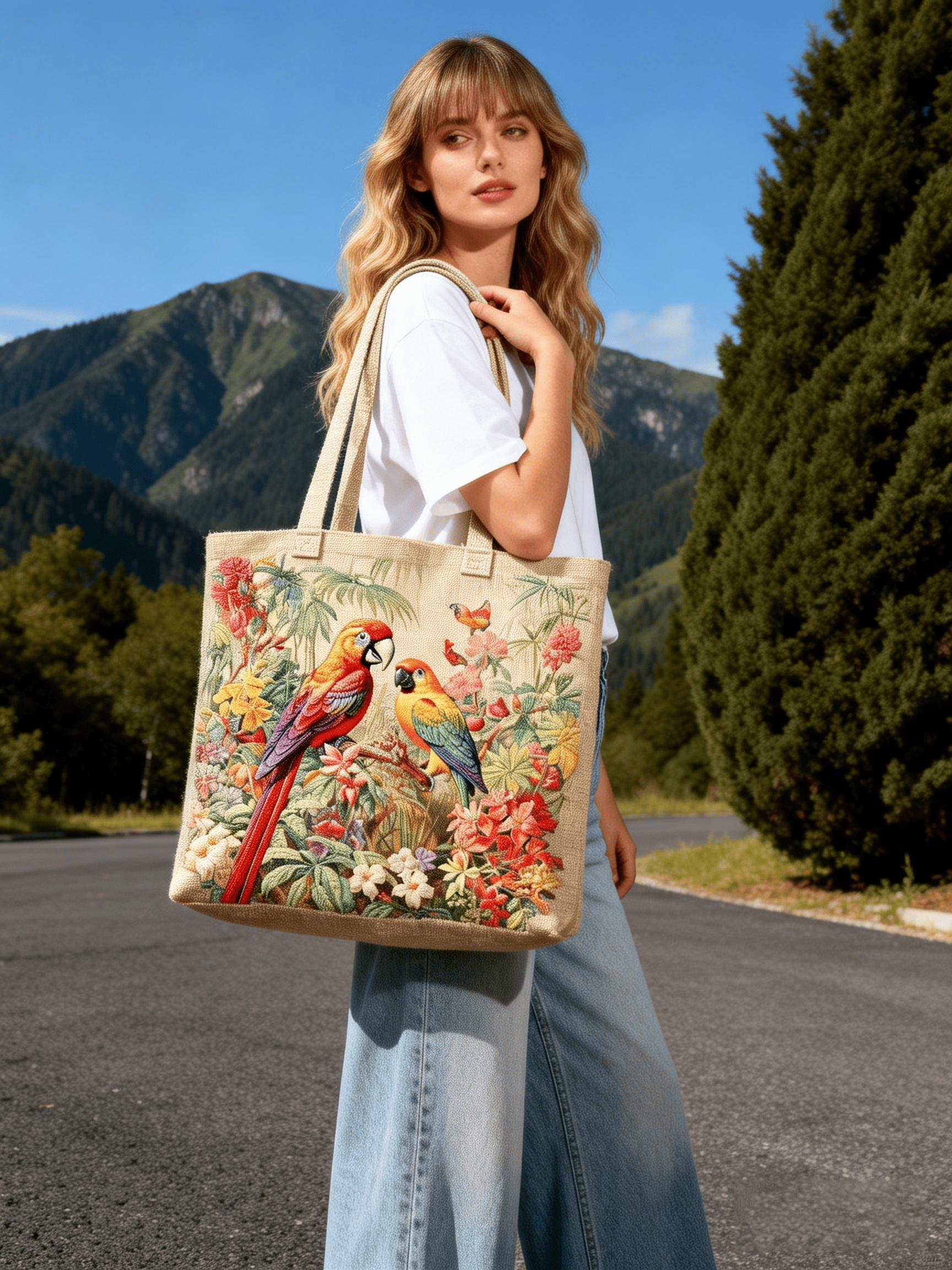 Red Parrot & Floral Embroidered Tote Bag
