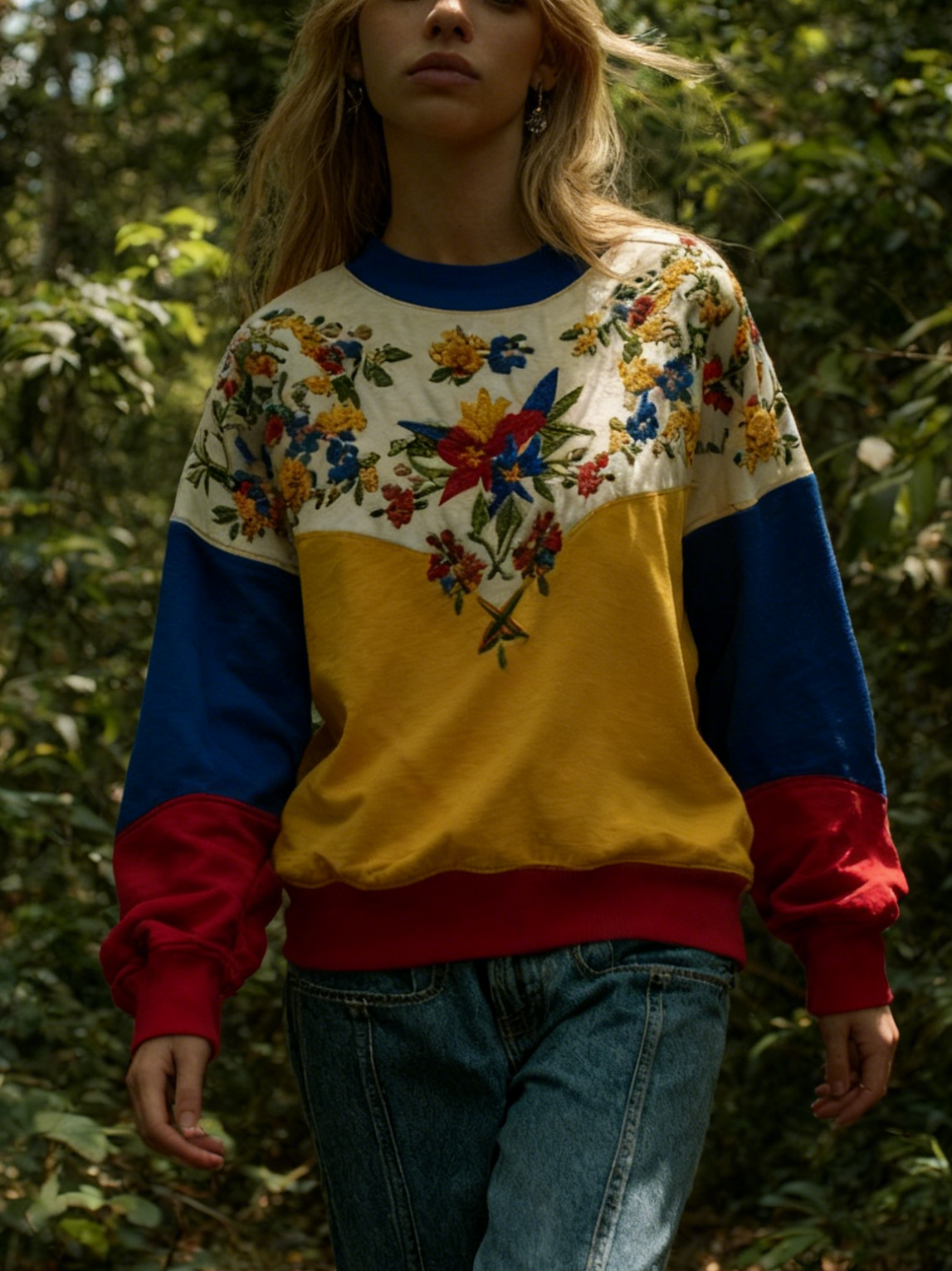 Retro Venezuela Inspired Ethnic Floral Color Blocking Cozy Crew Neck Sweatshirt