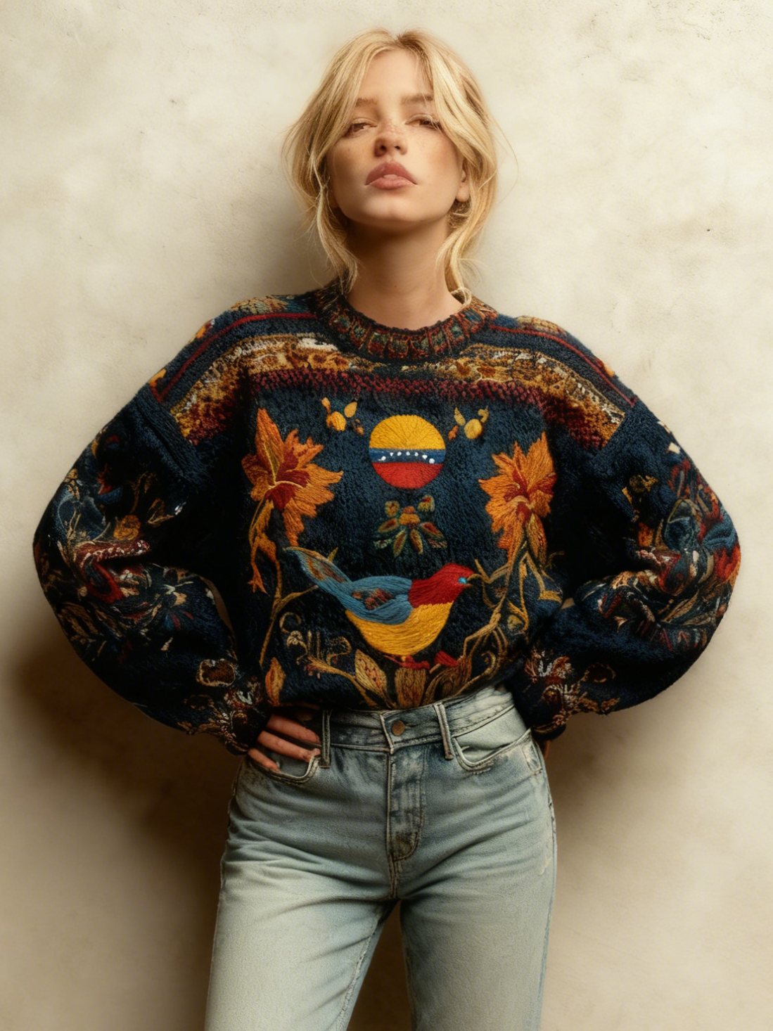 Retro Venezuela Inspired Ethnic Flowers And Birds Cozy Knit Sweater