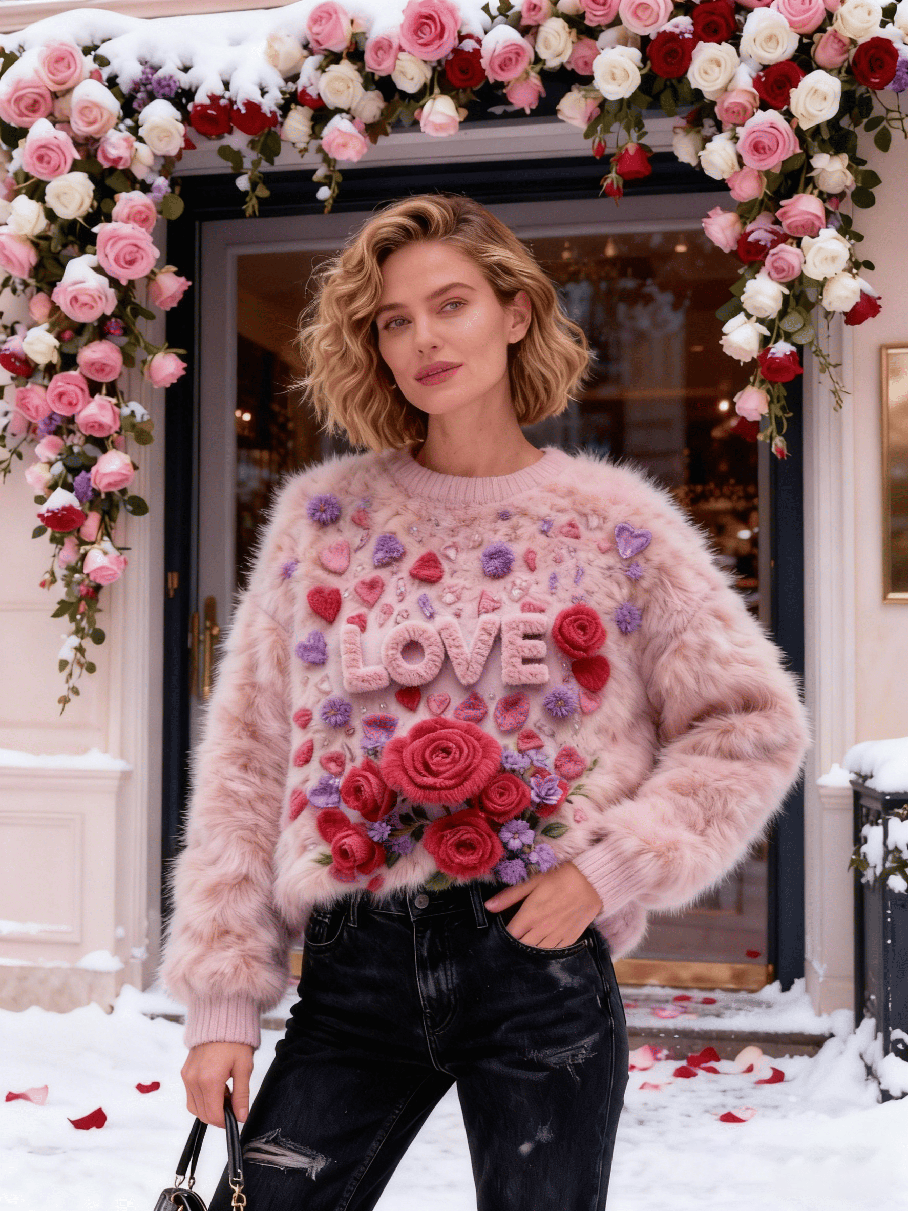 Women's Romantic Pink & Purple Heart Floral Fuzzy Oversized Sweater