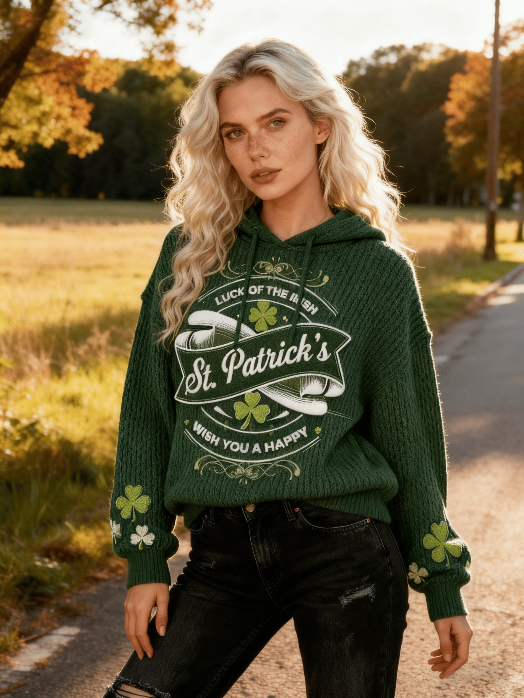 Women's St. Patrick's Day Lucky Clover Letter Print Hooded Sweater
