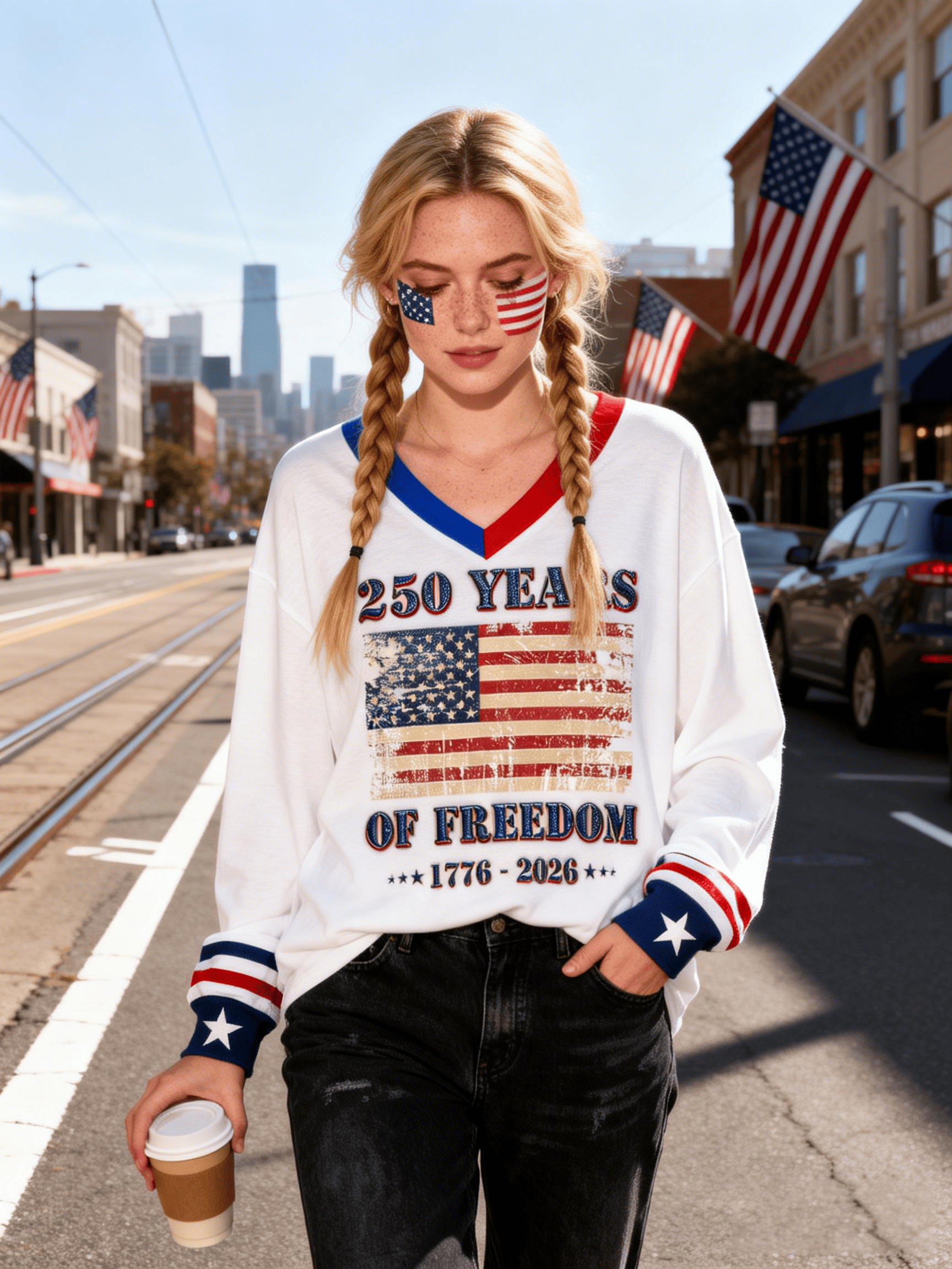 Women's USA 250 Years of Freedom Flag V-Neck Sweater