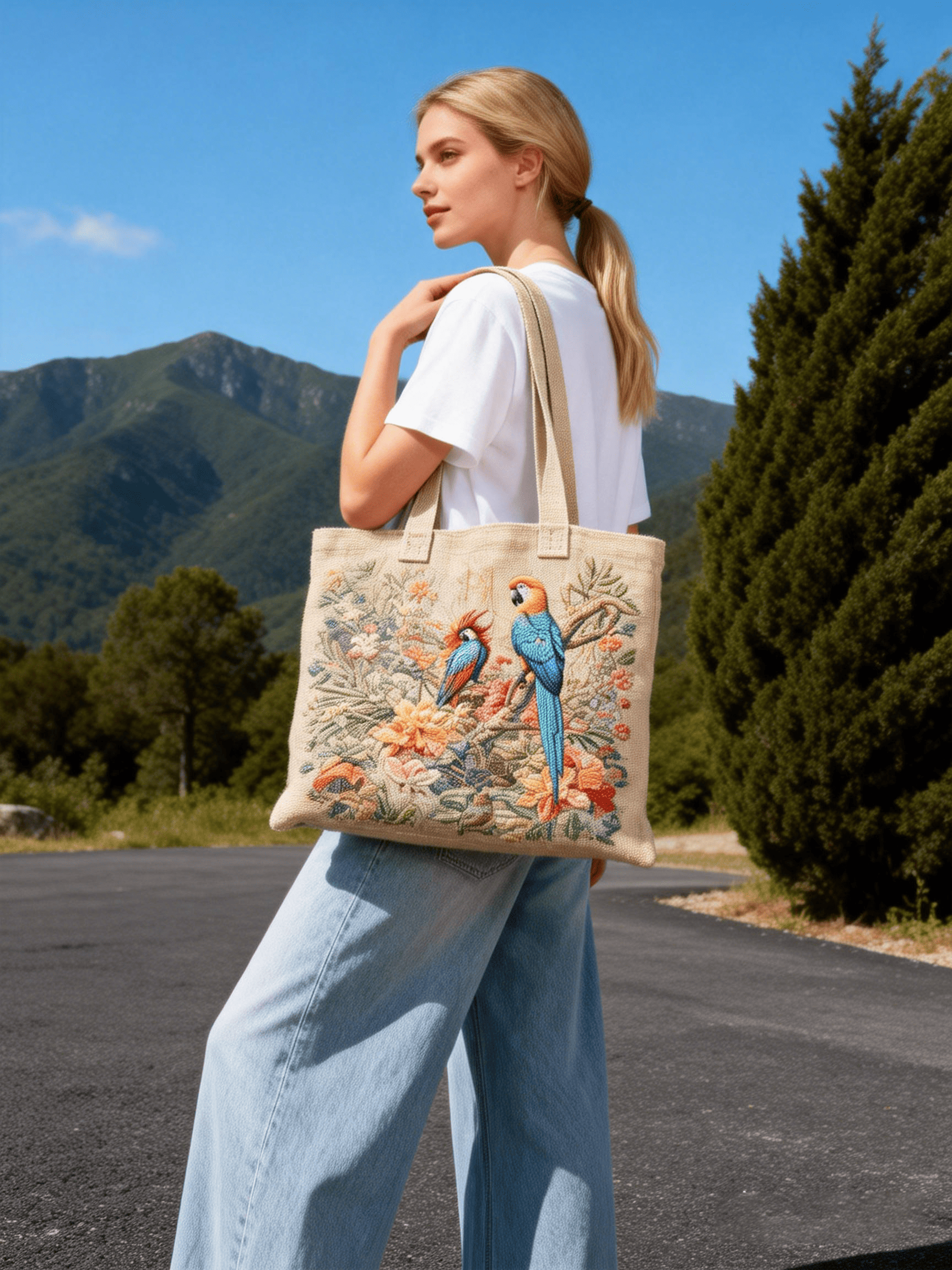 Blue Parrot & Floral Embroidered Tote Bag
