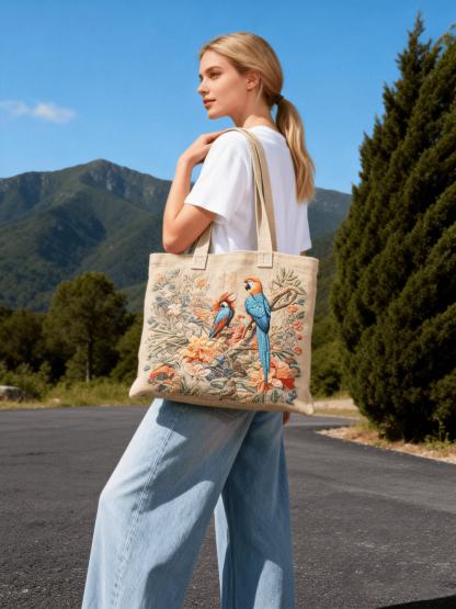 Blue Parrot & Floral Embroidered Tote Bag